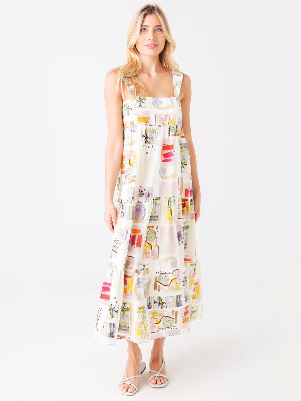Hunter Bell Women's Poppy Dress Tiered Abstract Maxi Midi Size XS